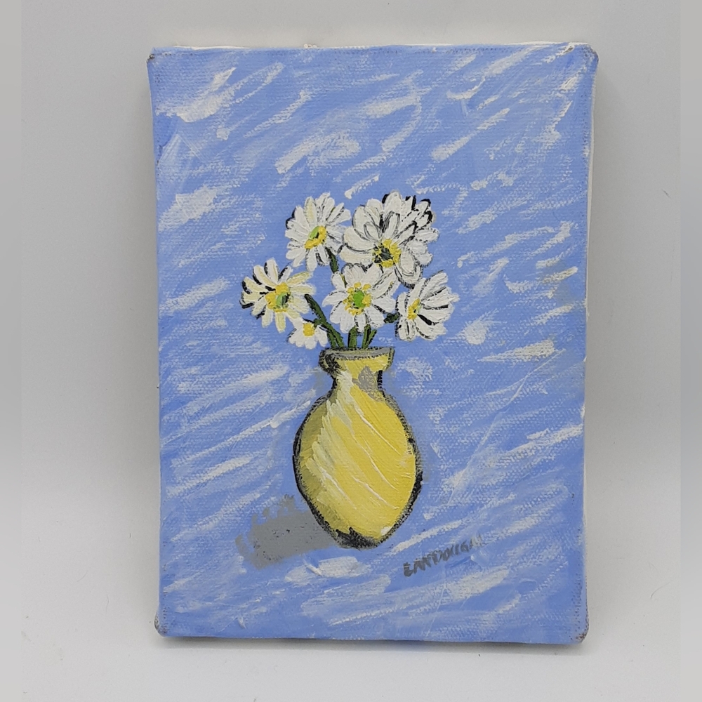 Elegant Yellow Vase with Daisy Flowers Canvas Art Artist Signed.
